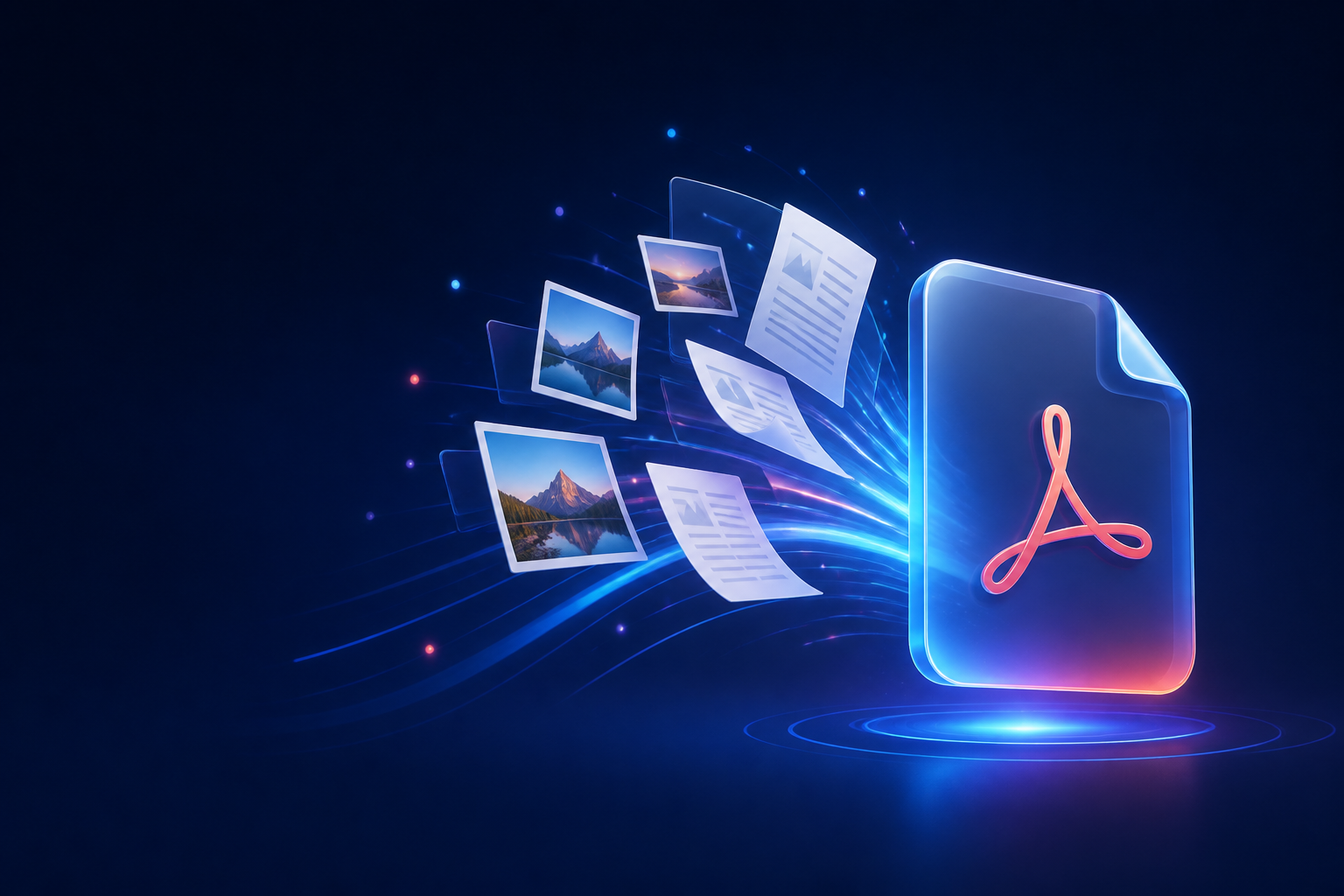 Photos and document pages flowing into a polished PDF file
