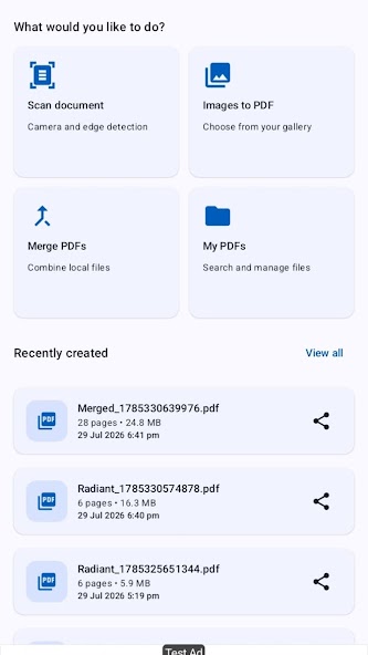Radiant app home screen with scan, convert, merge and PDF management options